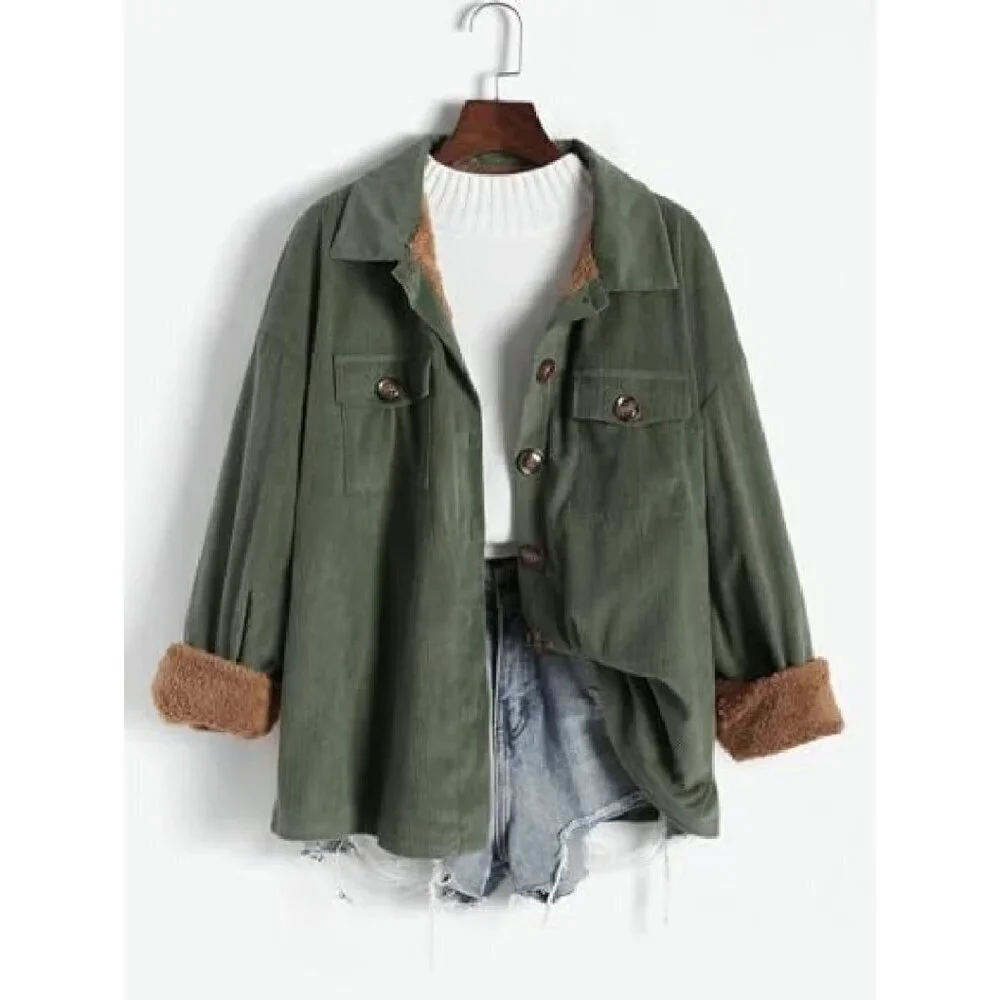 Vintage Corduroy Fleece Lined Jacket Shacket Casual Winter Coat